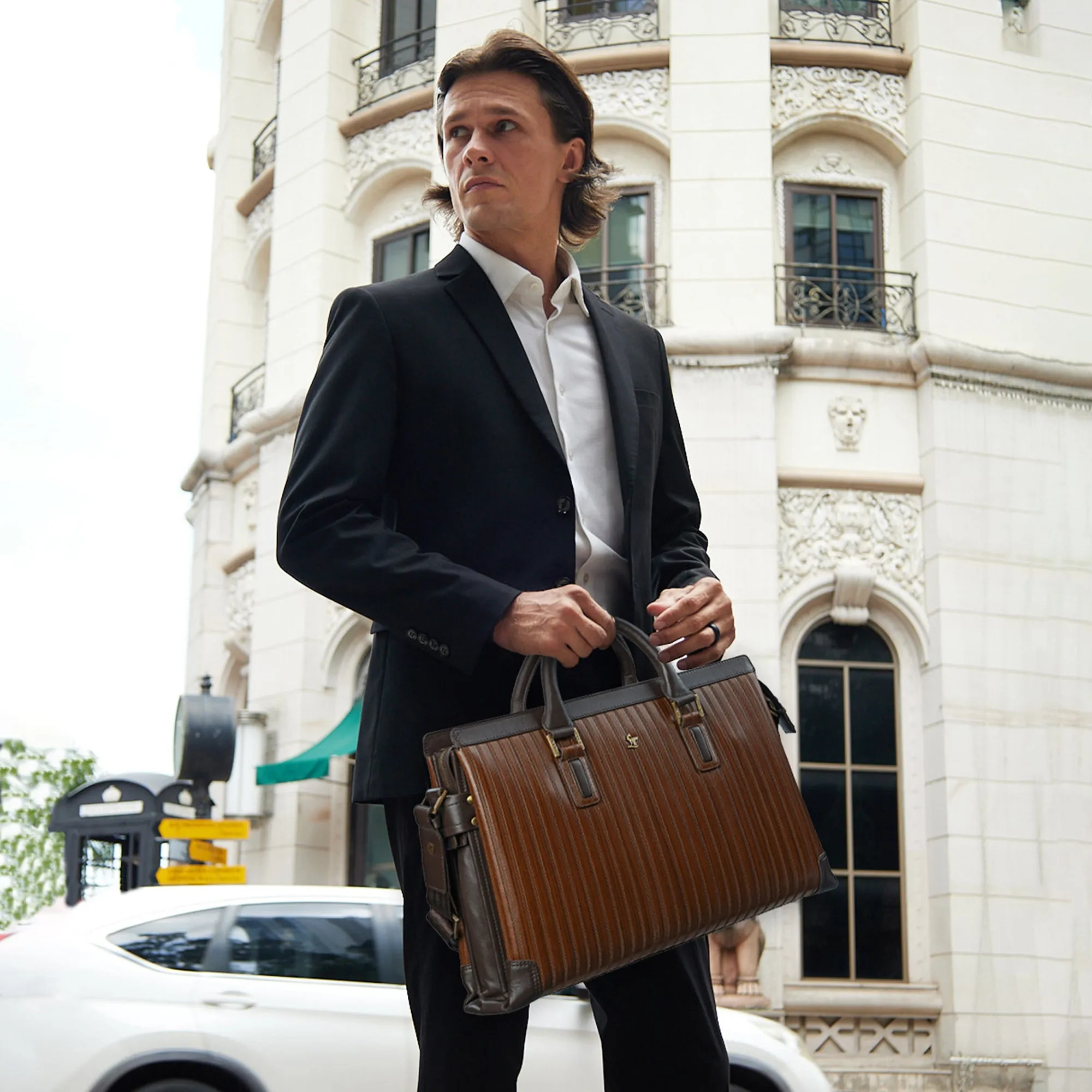 Italian VT Stripe Edgar | Leather Laptop Bag for Men | Color: Brown