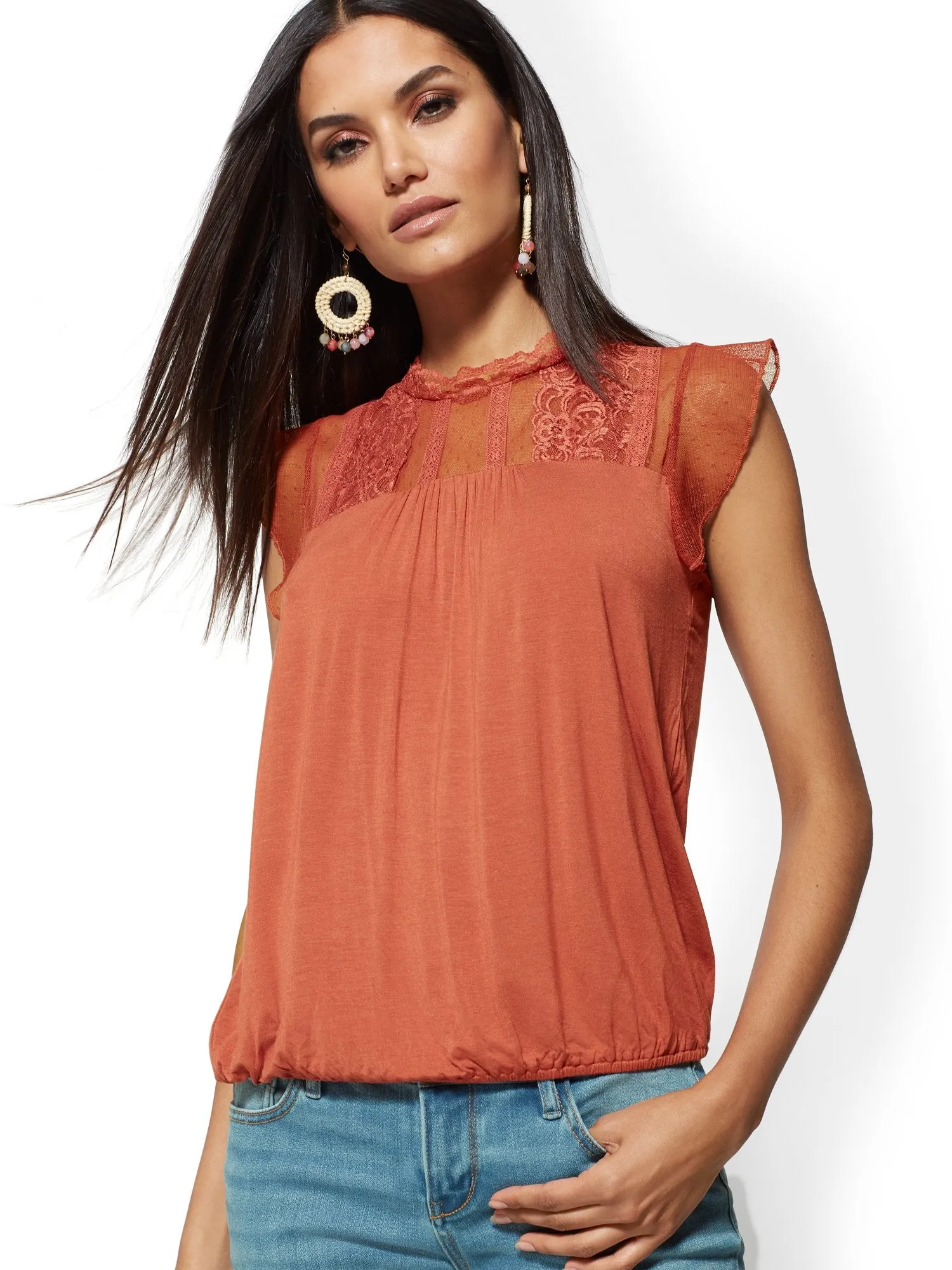 Lace-Yoke Bubble-Hem Top