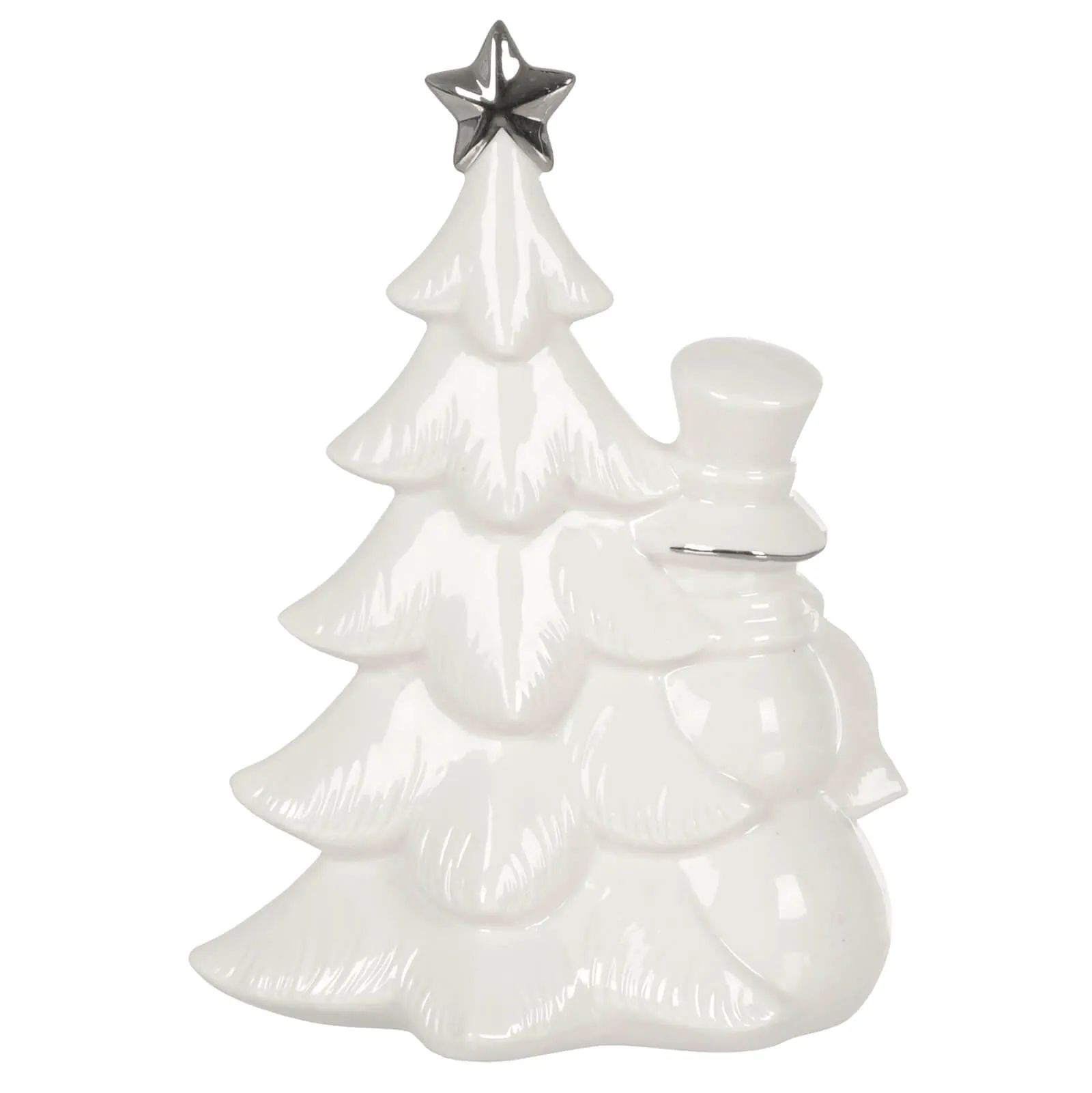 LED Snowman With Christmas Tree Decoration White Ceramic 23cm