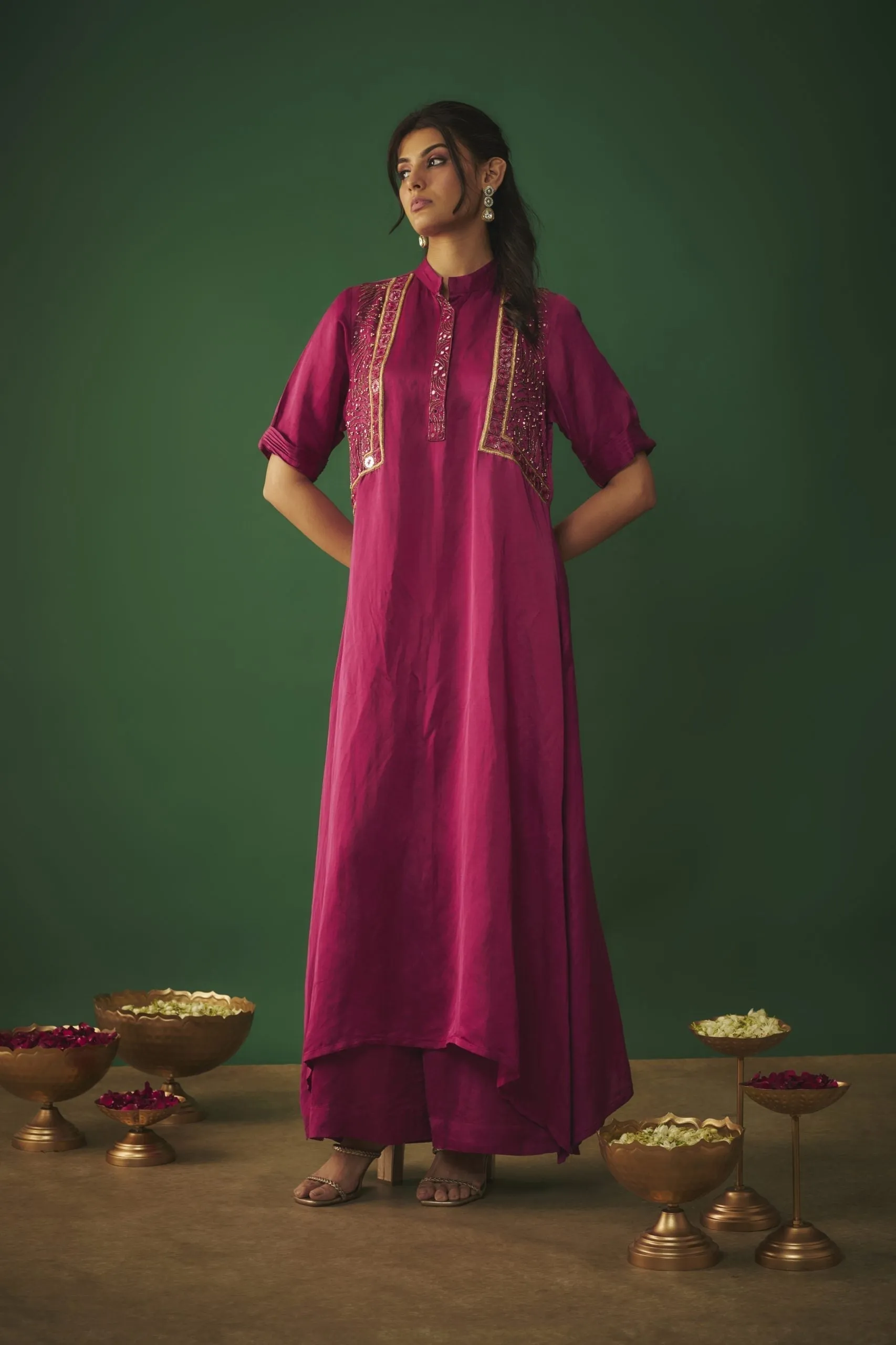 MAGENTA PINK MIRROR EMBROIDERED KURTA AND PANTS SET