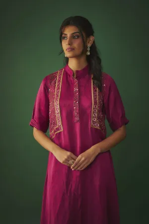 MAGENTA PINK MIRROR EMBROIDERED KURTA AND PANTS SET