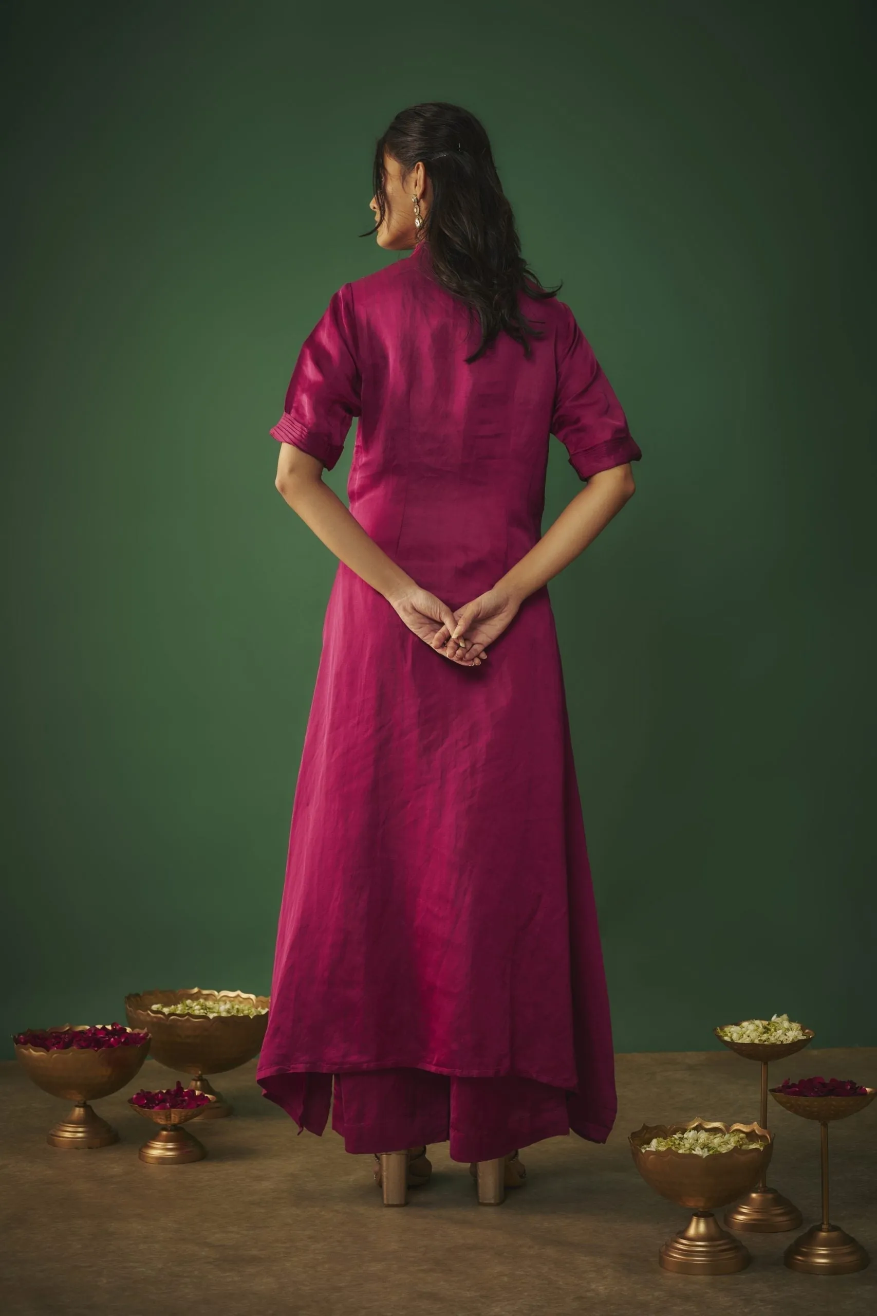 MAGENTA PINK MIRROR EMBROIDERED KURTA AND PANTS SET