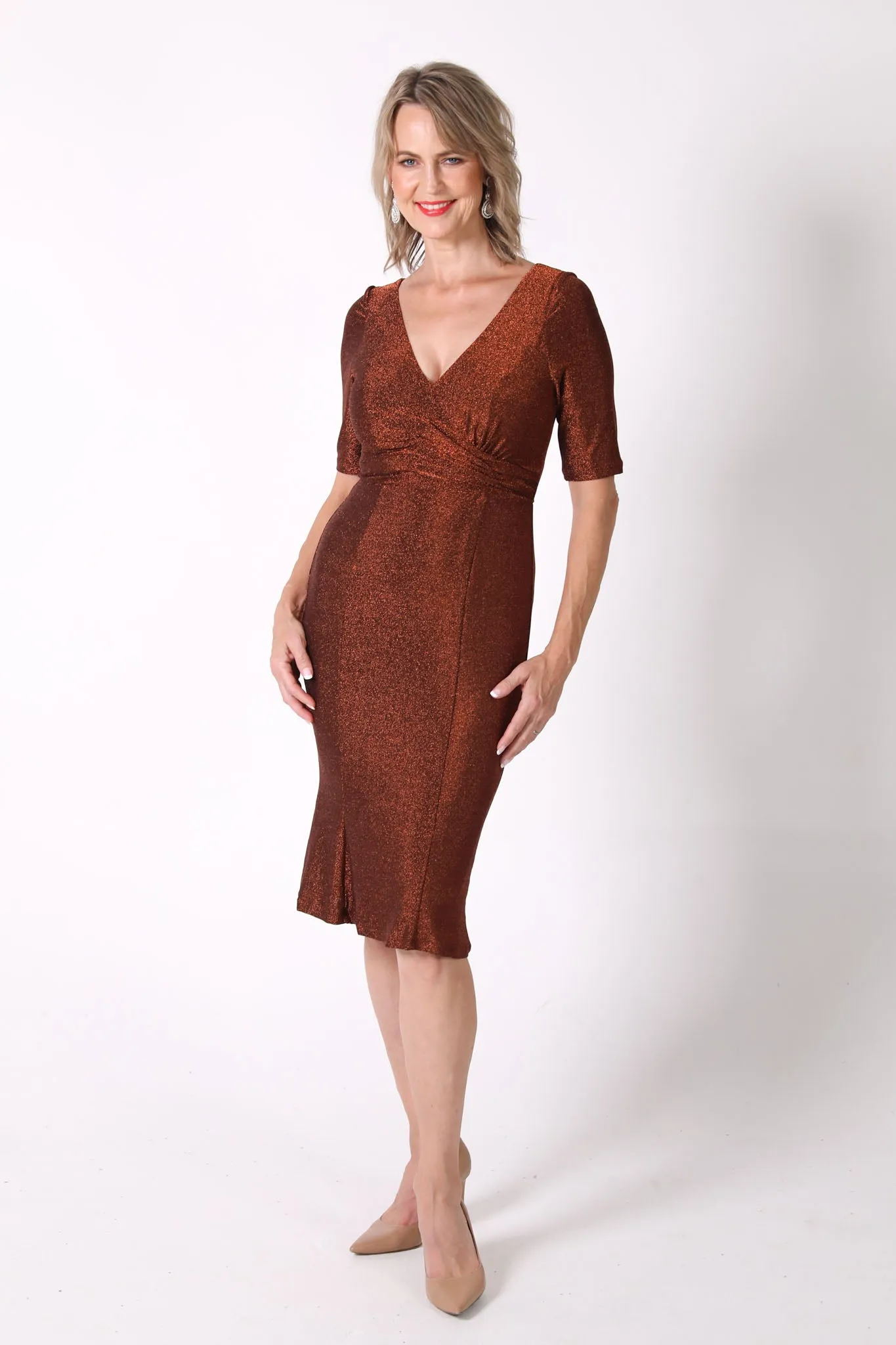 Matilda V-Neck Sleeve Midi Dress - Shimmer Copper