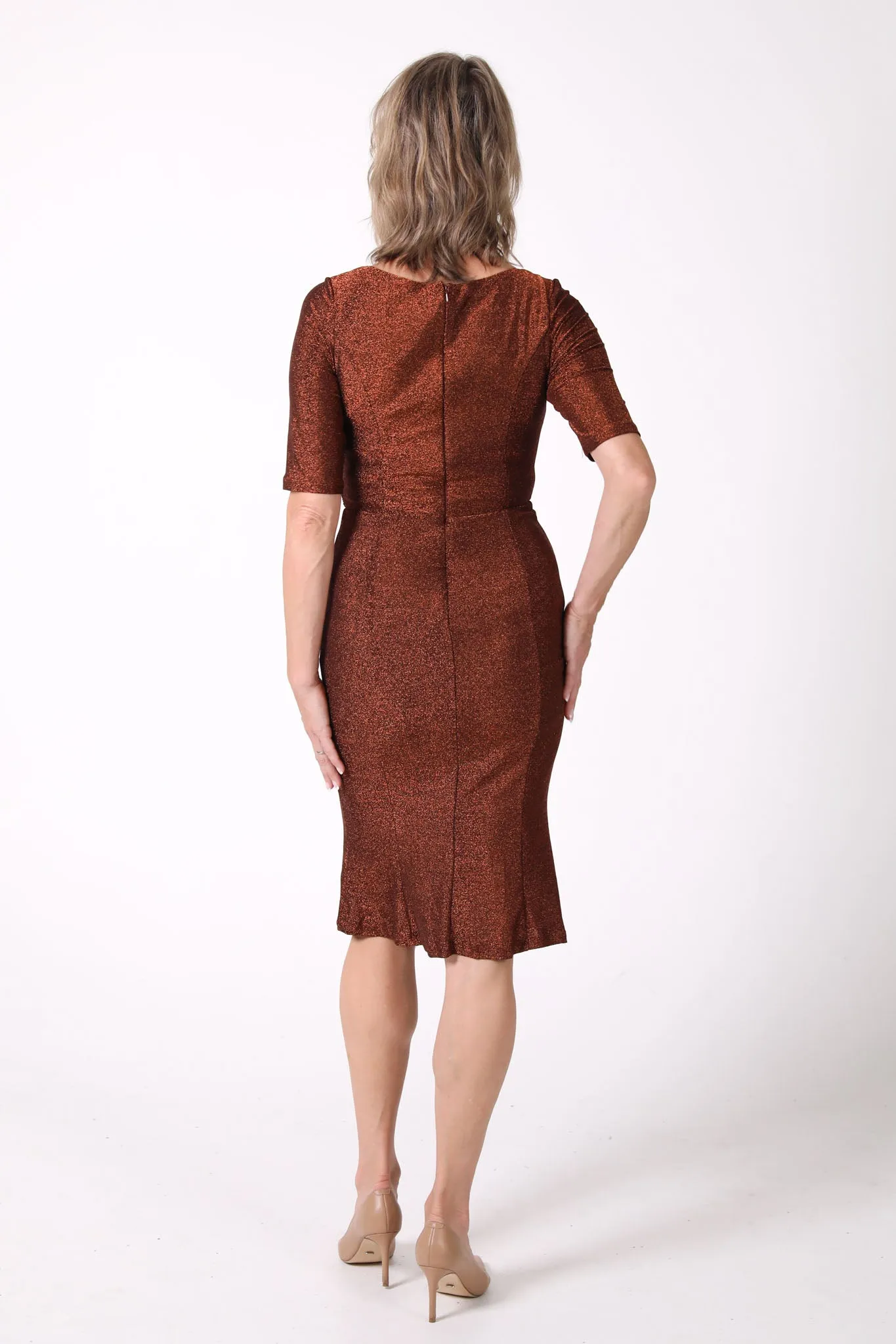 Matilda V-Neck Sleeve Midi Dress - Shimmer Copper