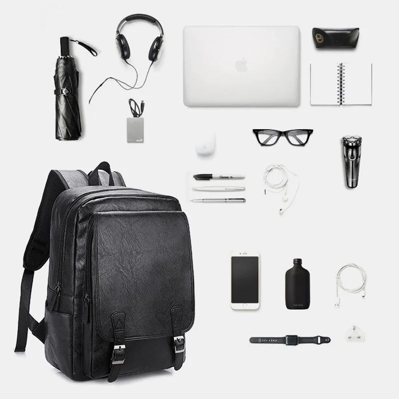 Men Business Large Capacity Backpack Vintage Soft Leather Waterproof Wear-resistant 15.6 Inch Laptop Bag