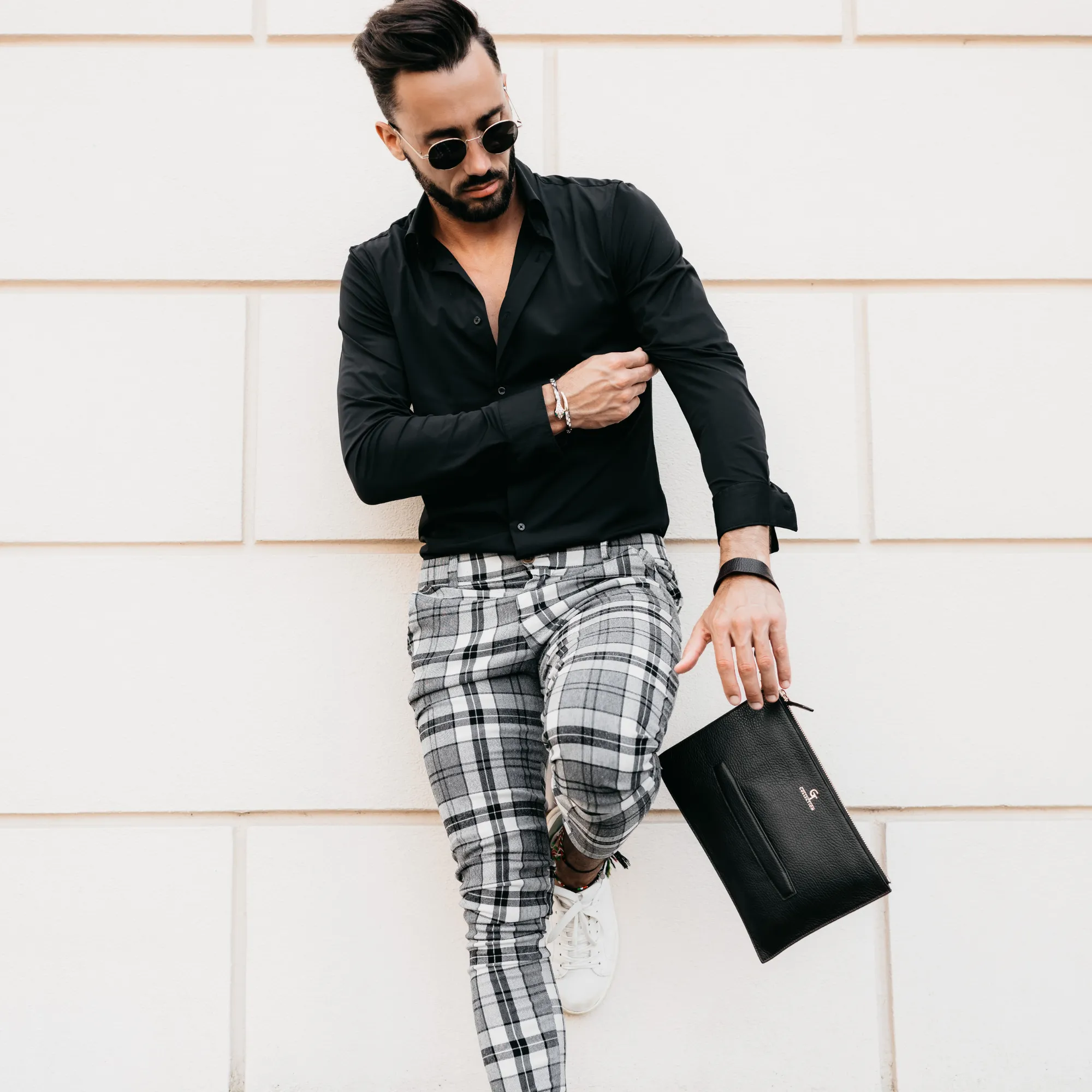 Men's Leather Hand Bag - Black with golden details