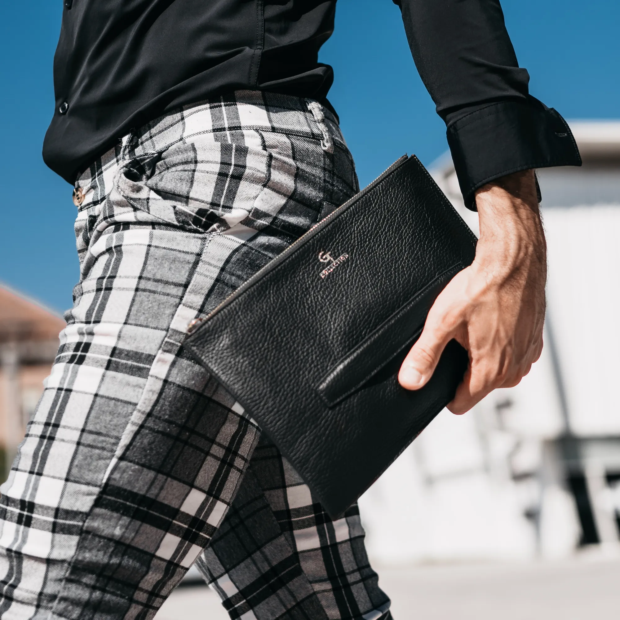 Men's Leather Hand Bag - Black with golden details