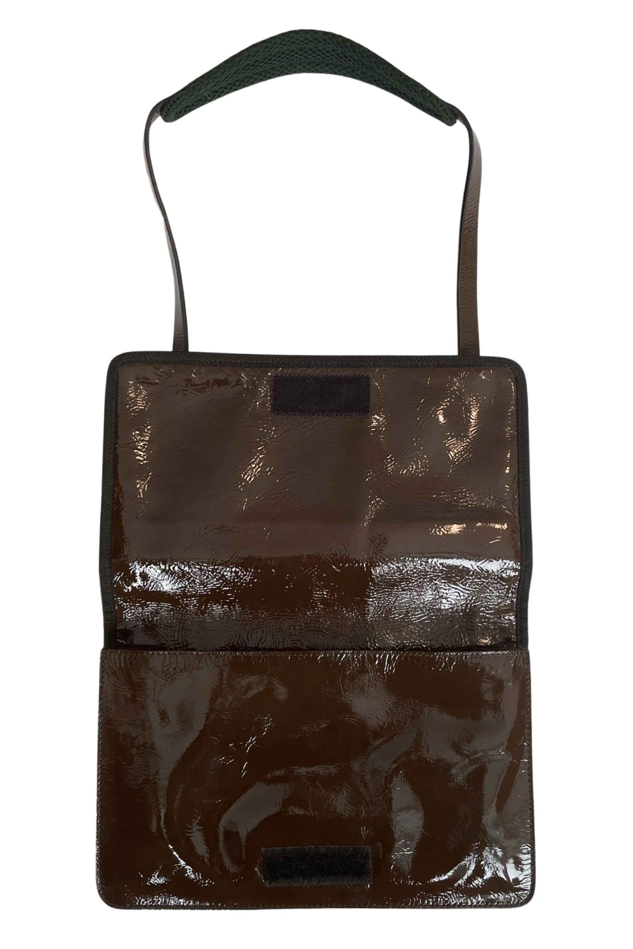 MIU MIU BROWN PATENT LEATHER & GEO PRINT SHOULDER BAG