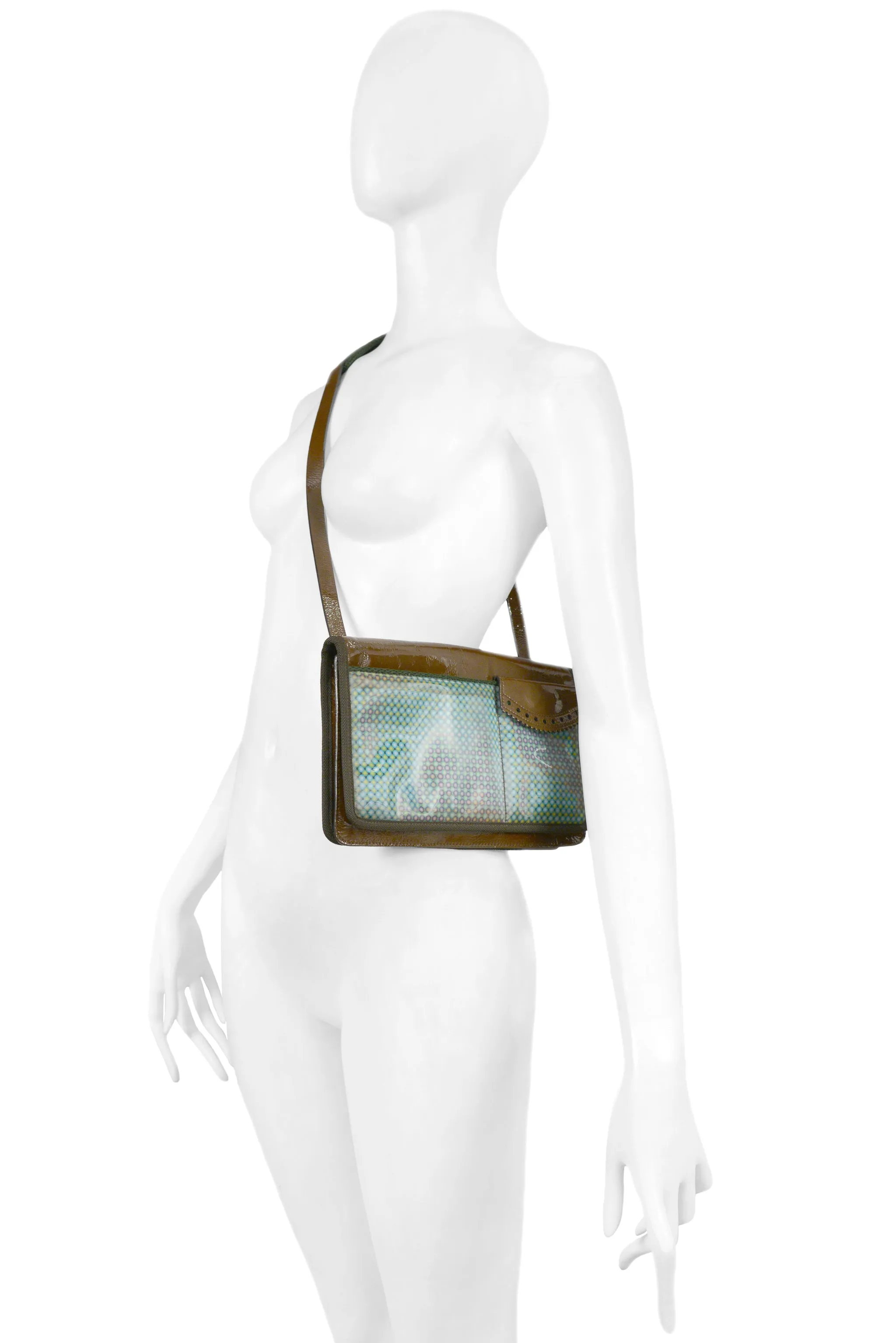 MIU MIU BROWN PATENT LEATHER & GEO PRINT SHOULDER BAG