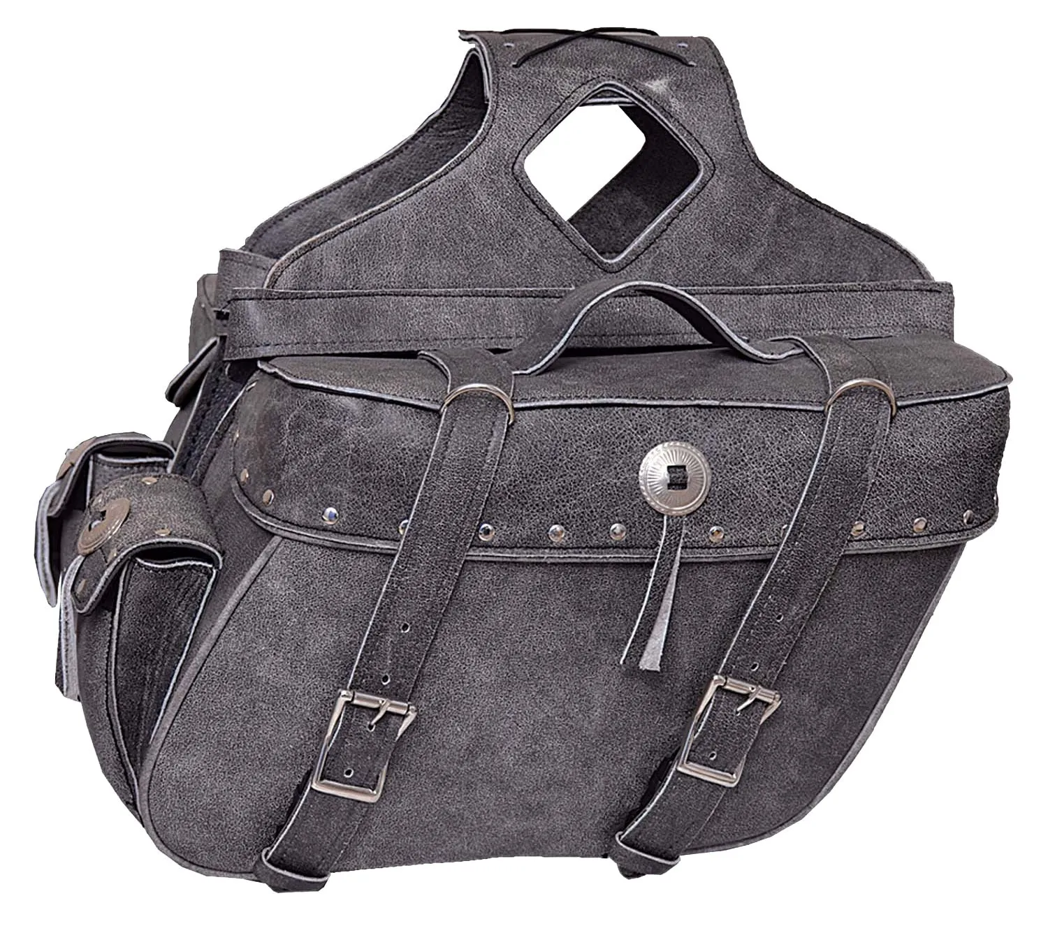 Motorcycle Large Studed 100% Real Leather Distressed Gray 2 Strap Conchos Saddlebag