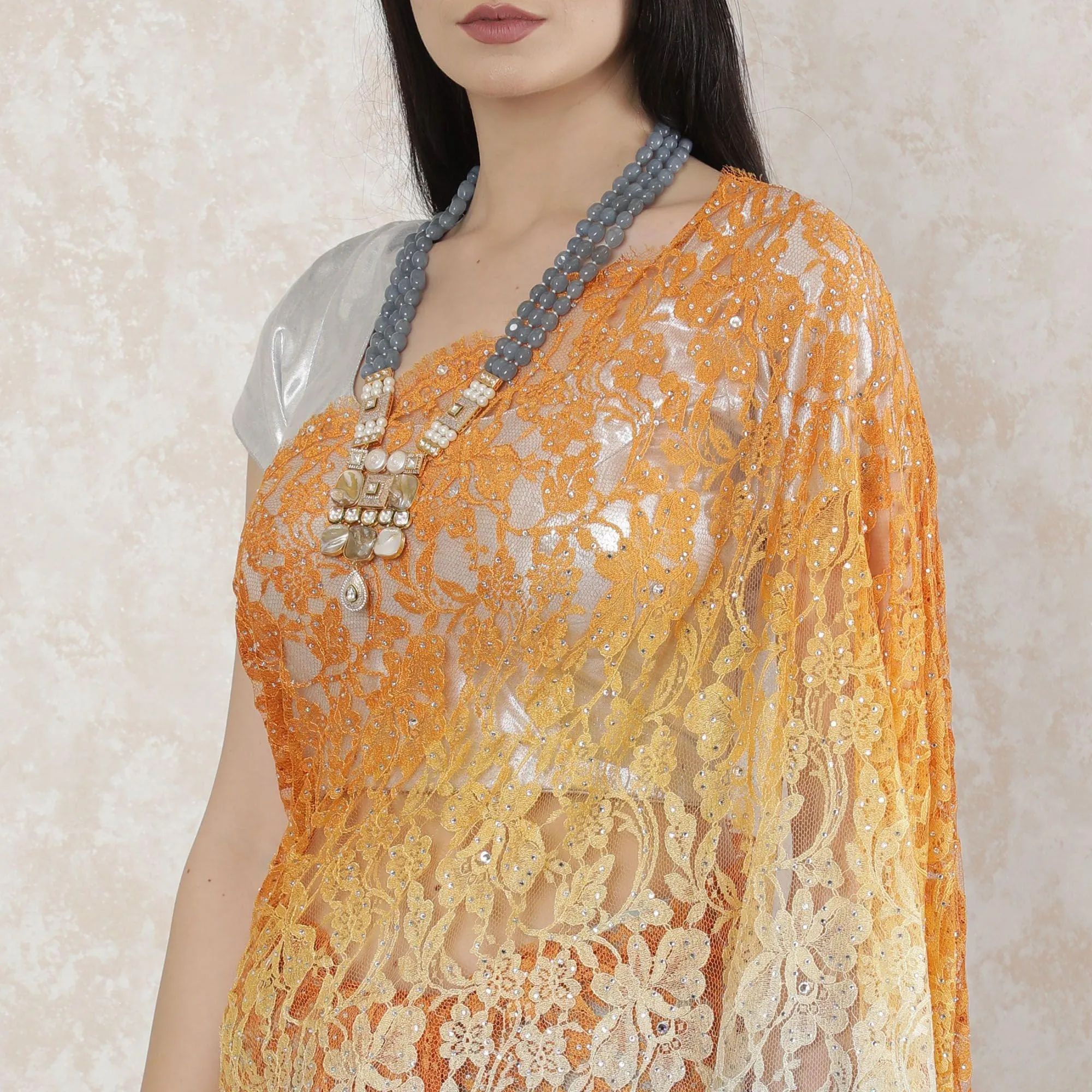 Multicolor Premium pure French chantilly lace saree having stone work in ombre design-D14489