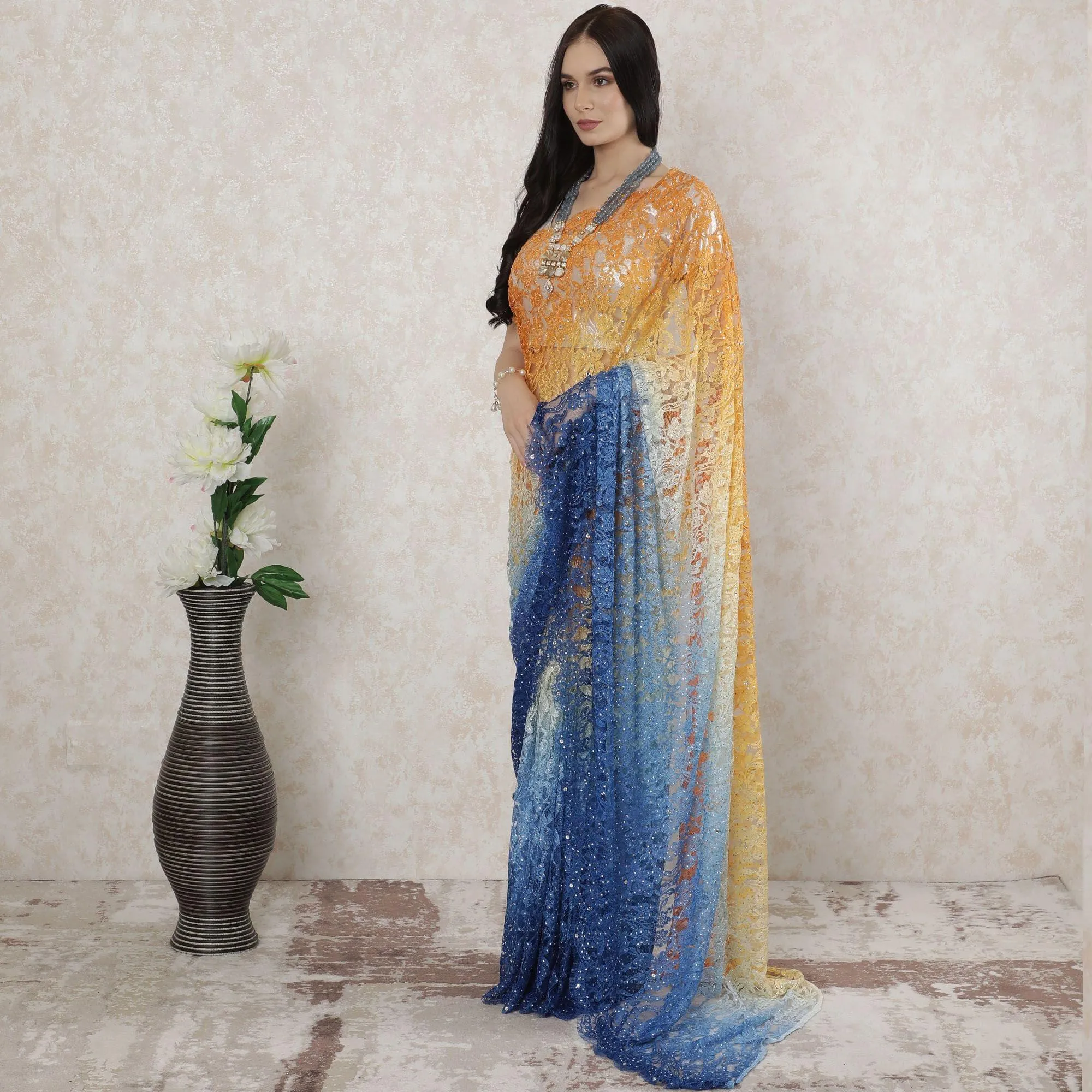 Multicolor Premium pure French chantilly lace saree having stone work in ombre design-D14489