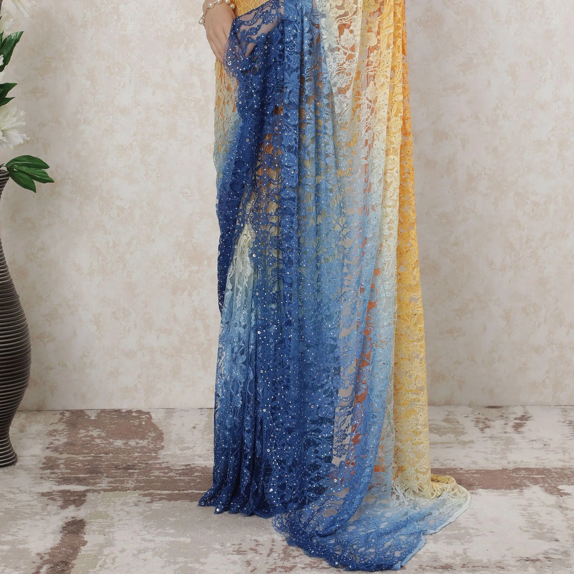 Multicolor Premium pure French chantilly lace saree having stone work in ombre design-D14489