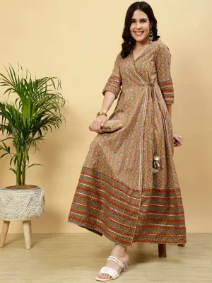 Mustard Ethnic Print Angrakha Kurta