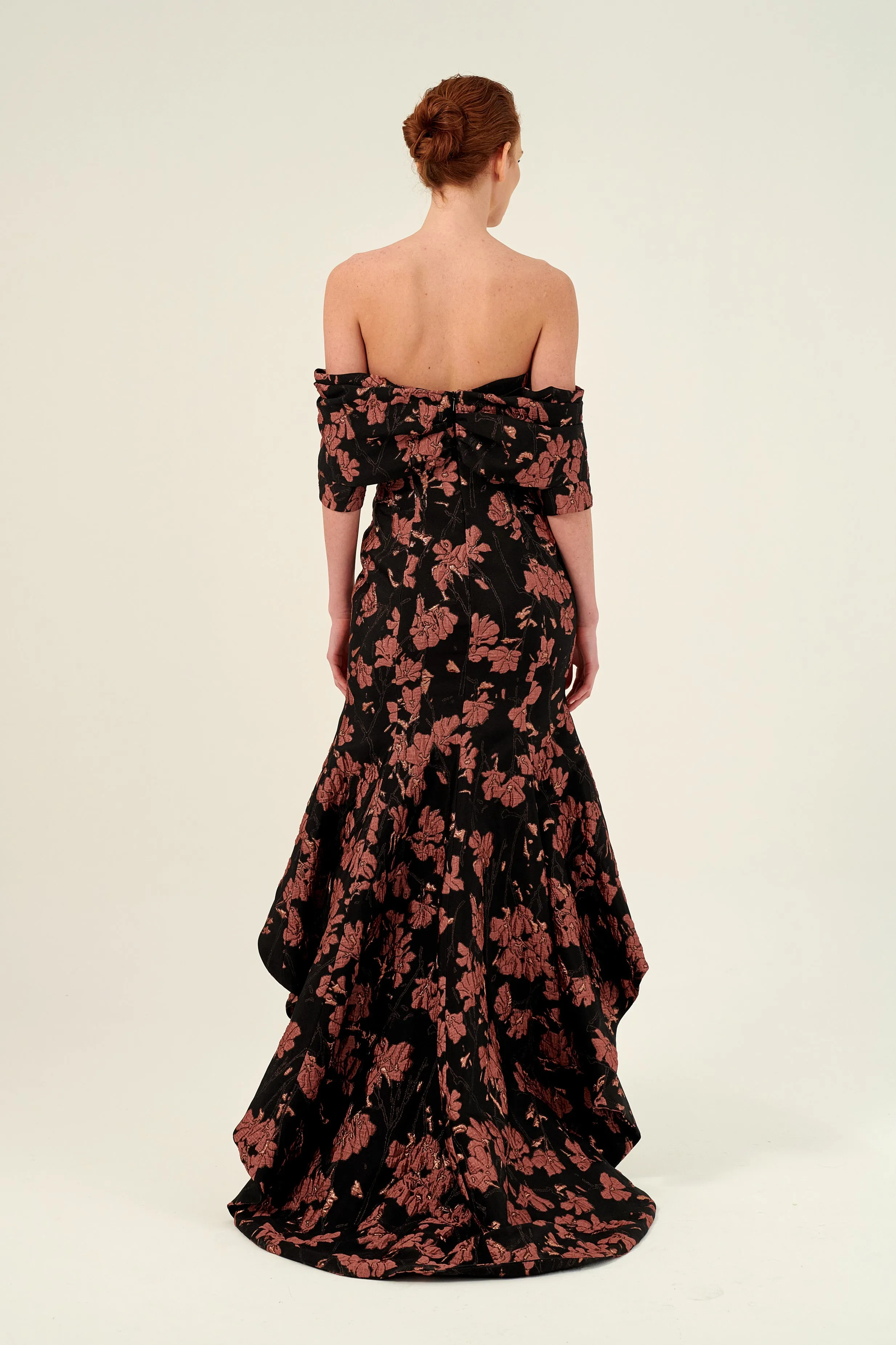 Off-The-Shoulder Asymmetric Floral Jacquard Dress