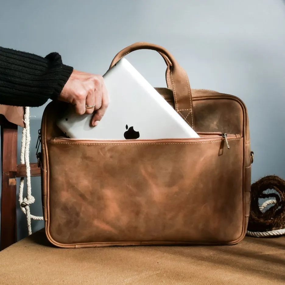 Oxford Pure Wood Brown Leather Vintage Business Laptop Bag