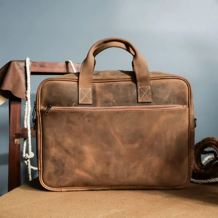 Oxford Pure Wood Brown Leather Vintage Business Laptop Bag