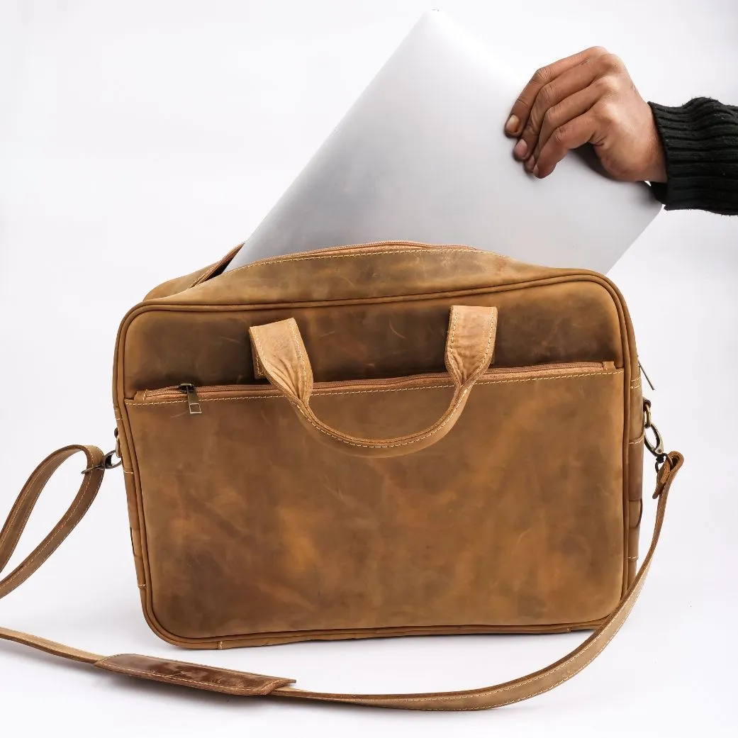 Oxford Pure Wood Brown Leather Vintage Business Laptop Bag