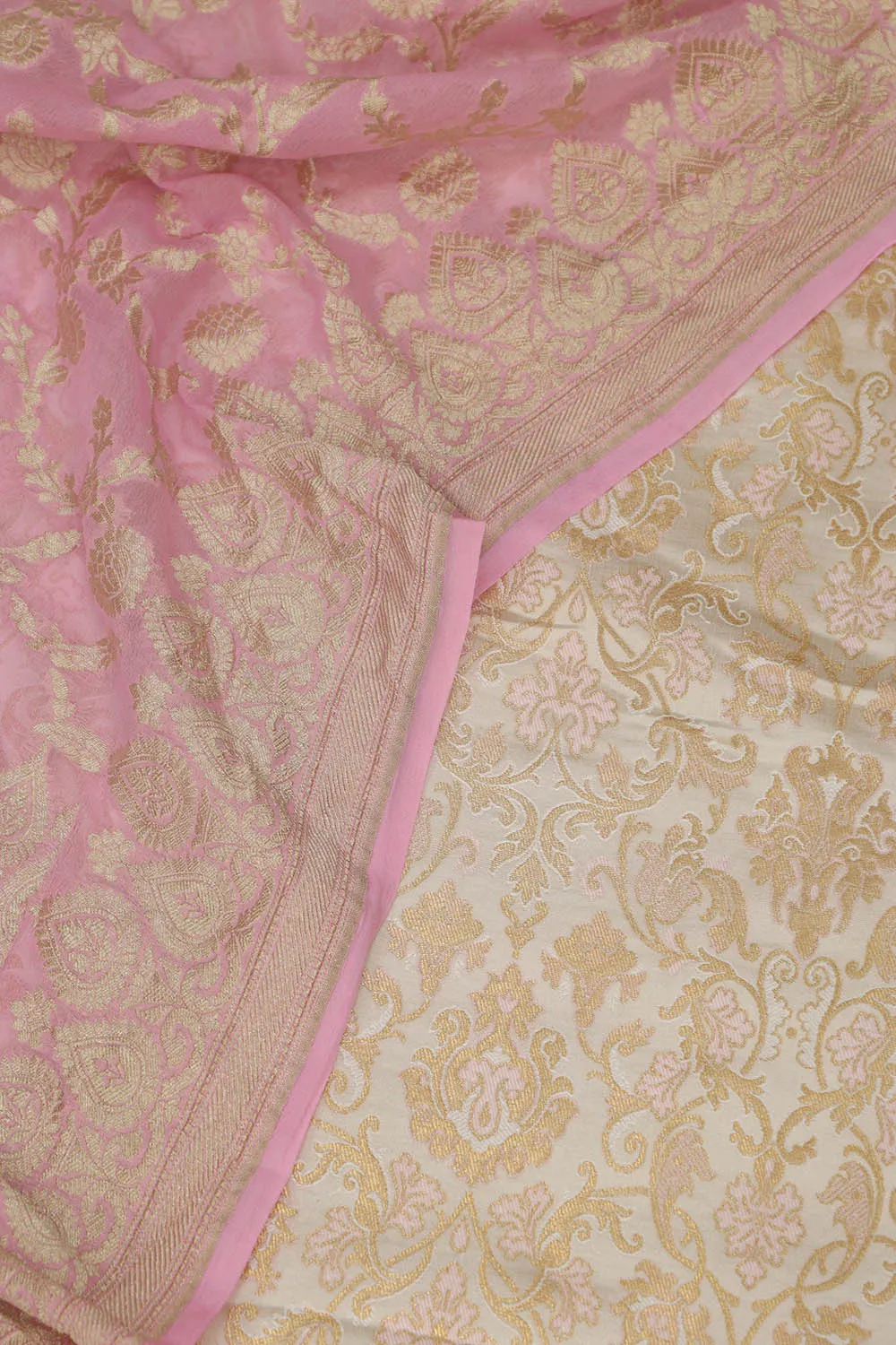 Pastel Banarasi Kimkhwab Silk Meenakari Suit With Pink Banarasi Handloom Pure Georgette Dupatta