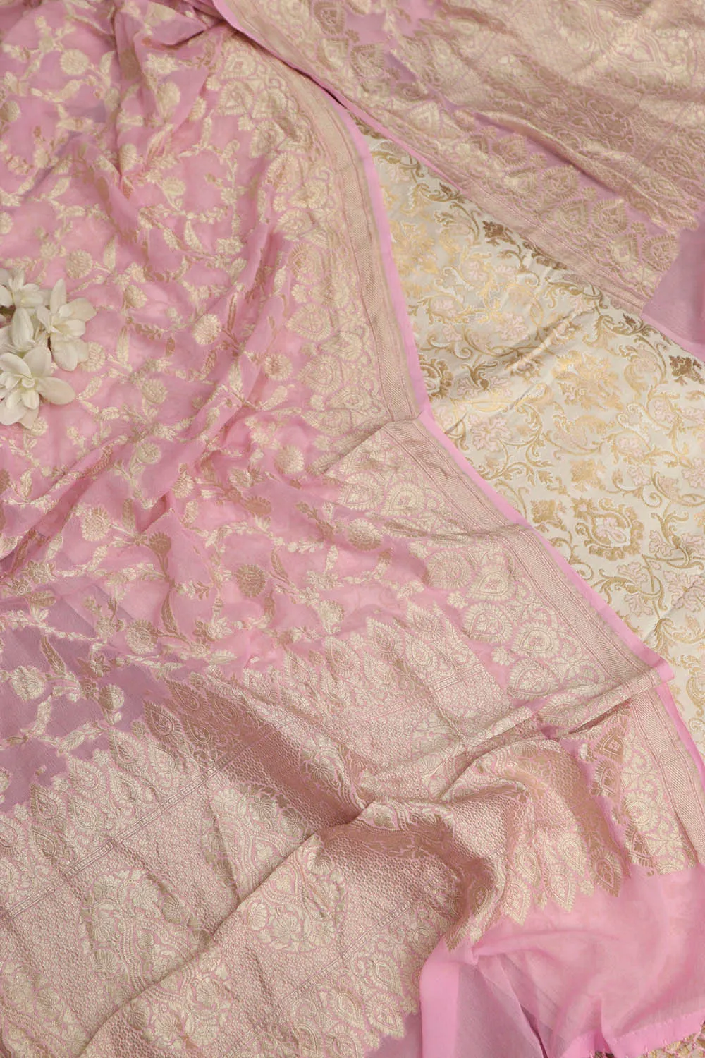 Pastel Banarasi Kimkhwab Silk Meenakari Suit With Pink Banarasi Handloom Pure Georgette Dupatta