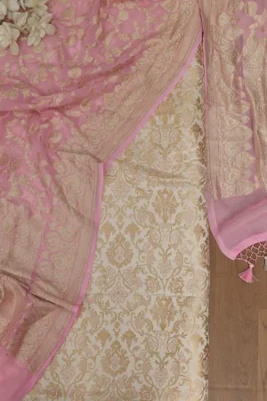 Pastel Banarasi Kimkhwab Silk Meenakari Suit With Pink Banarasi Handloom Pure Georgette Dupatta