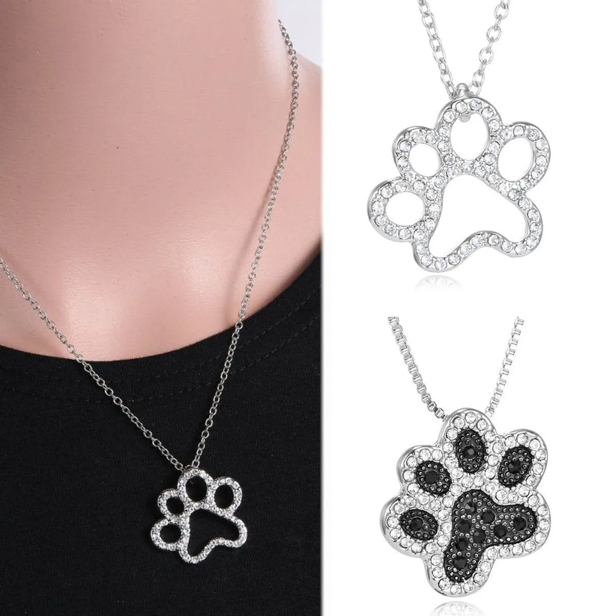 Paw Necklace, Fashion Silver Plated Black and White or White CZ Pet Paw Necklace-So Sweet for the Pet Lover!!