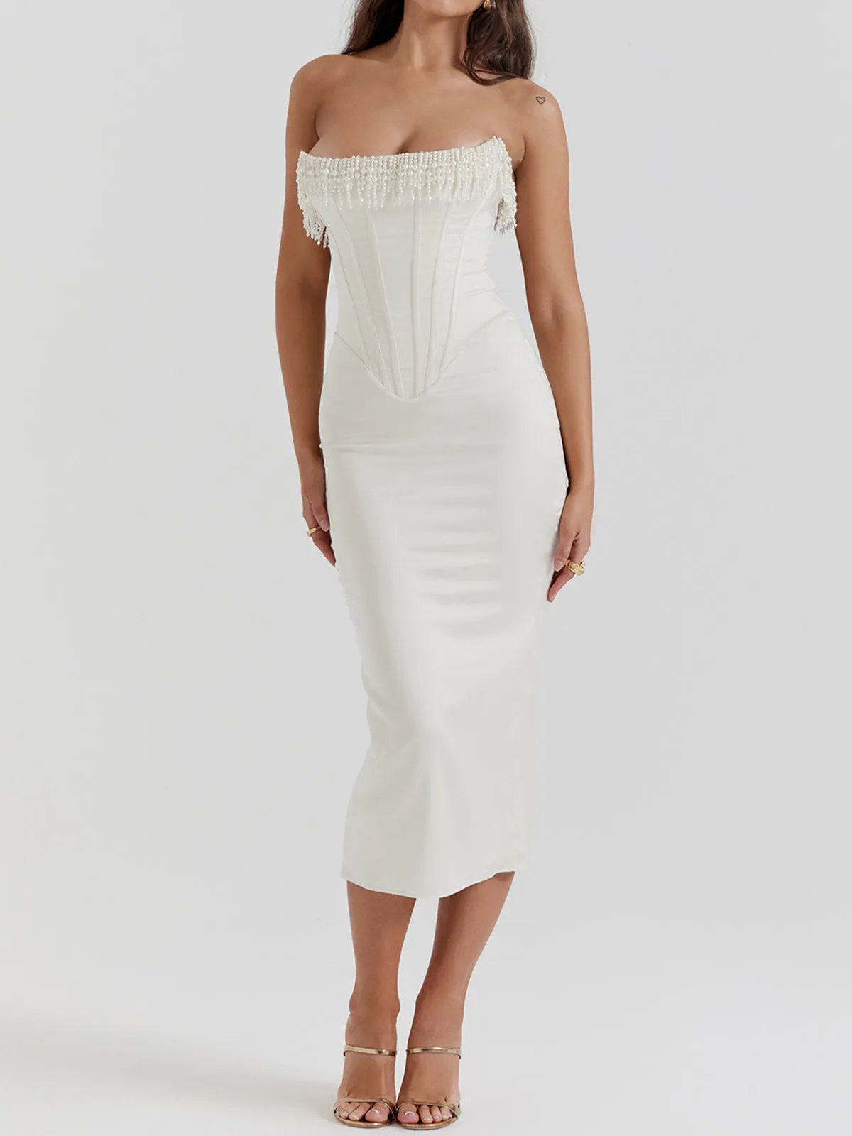 Pearl Decor Graceful Strapless Midi Dress