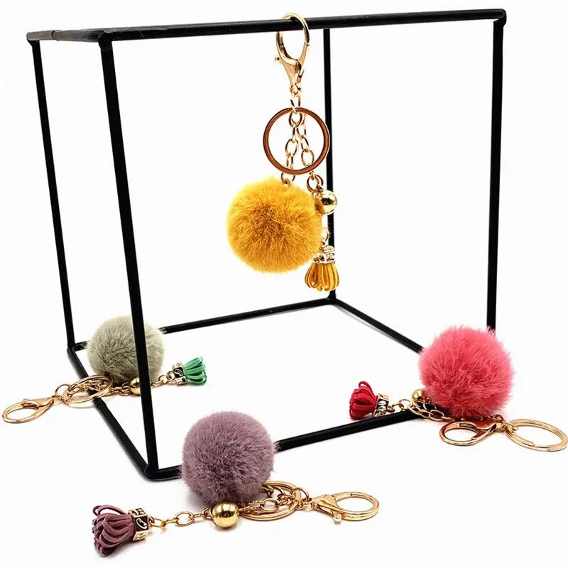 Pompoms Keychain Small Faux Fur Ball with Gold Plated Keyring |  Black