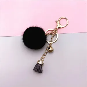 Pompoms Keychain Small Faux Fur Ball with Gold Plated Keyring |  Black