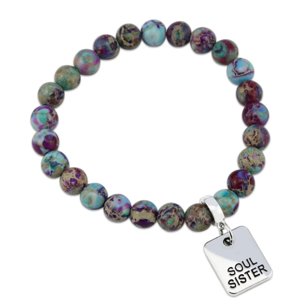 Precious Stone Bracelet - Purple & Aqua Divine Imperial Jasper 8mm Beads - With Silver Word Charms