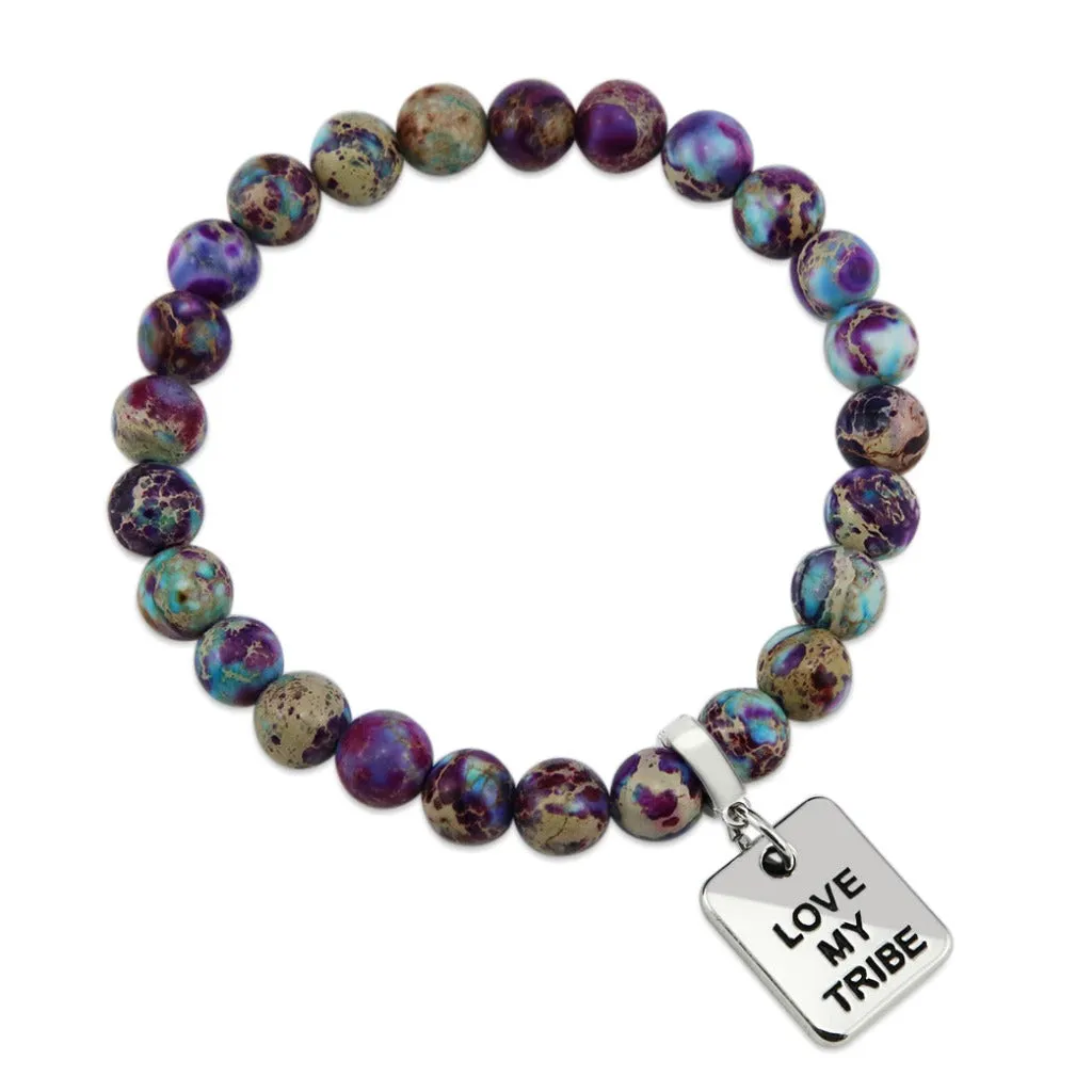 Precious Stone Bracelet - Purple & Aqua Divine Imperial Jasper 8mm Beads - With Silver Word Charms