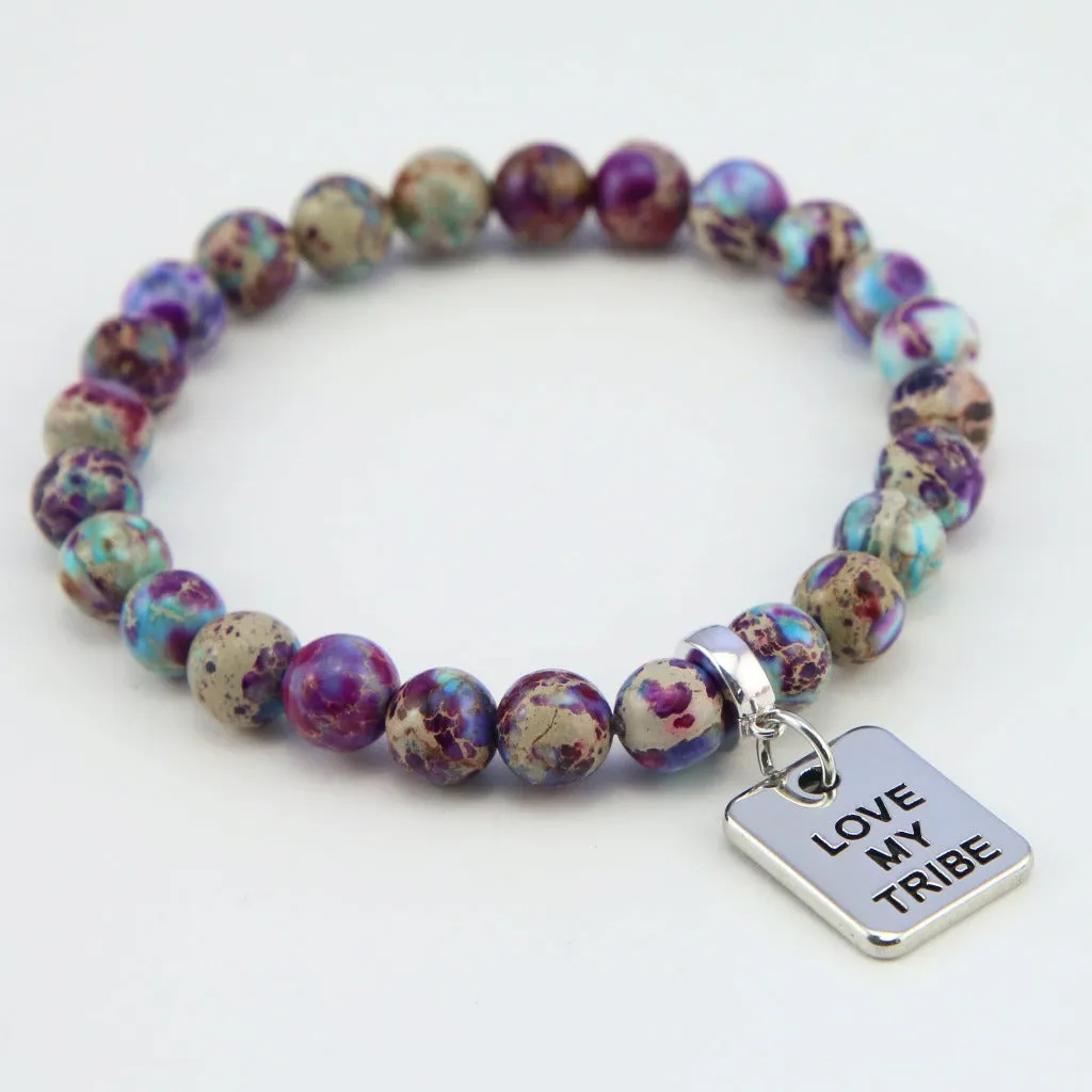 Precious Stone Bracelet - Purple & Aqua Divine Imperial Jasper 8mm Beads - With Silver Word Charms