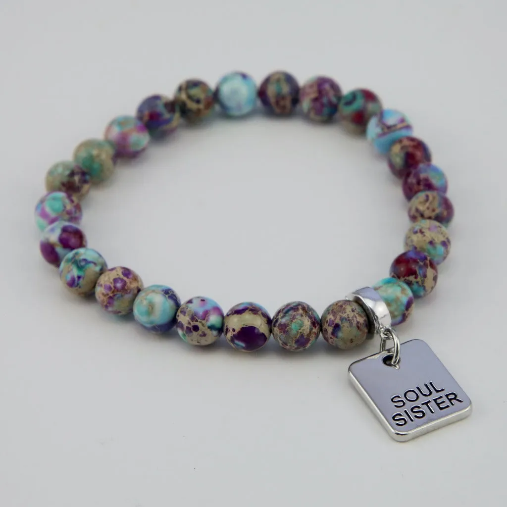 Precious Stone Bracelet - Purple & Aqua Divine Imperial Jasper 8mm Beads - With Silver Word Charms