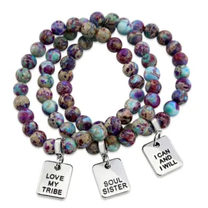 Precious Stone Bracelet - Purple & Aqua Divine Imperial Jasper 8mm Beads - With Silver Word Charms