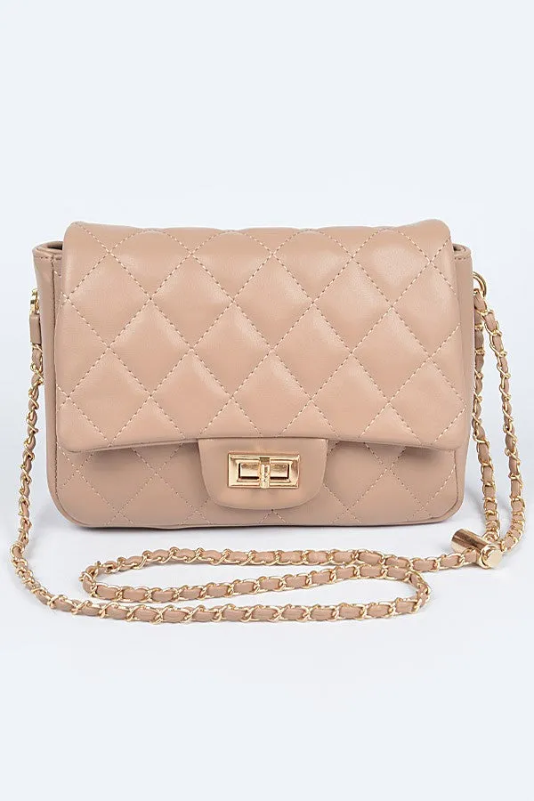 QUILTED FAUX LEATHER FLAP BAG