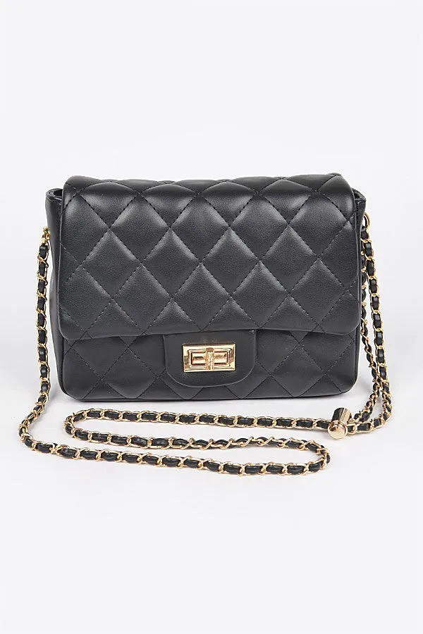 QUILTED FAUX LEATHER FLAP BAG