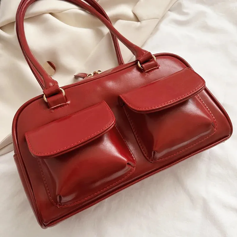 Retro Red Leather Shoulder Bag