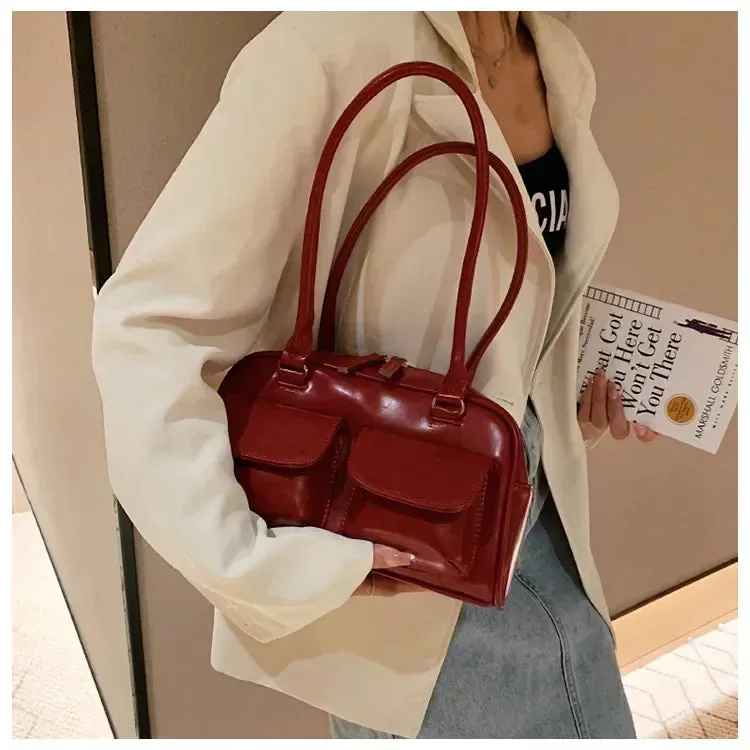 Retro Red Leather Shoulder Bag