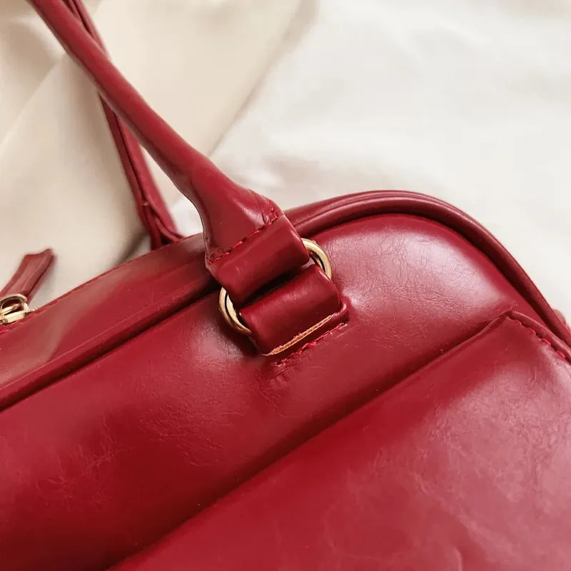 Retro Red Leather Shoulder Bag