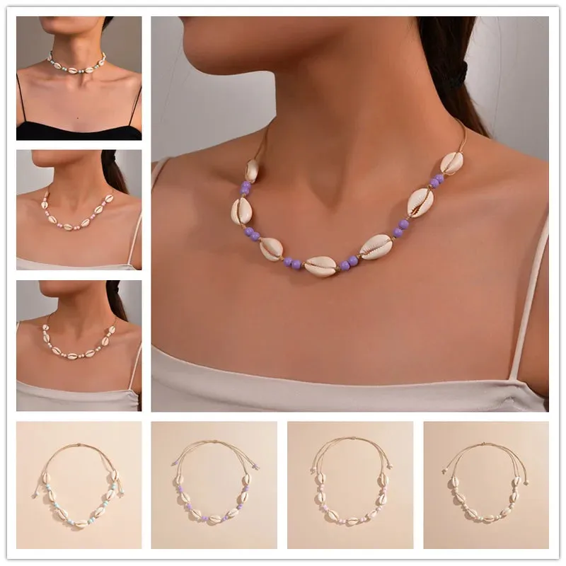 Shell beaded necklace braided chain choker