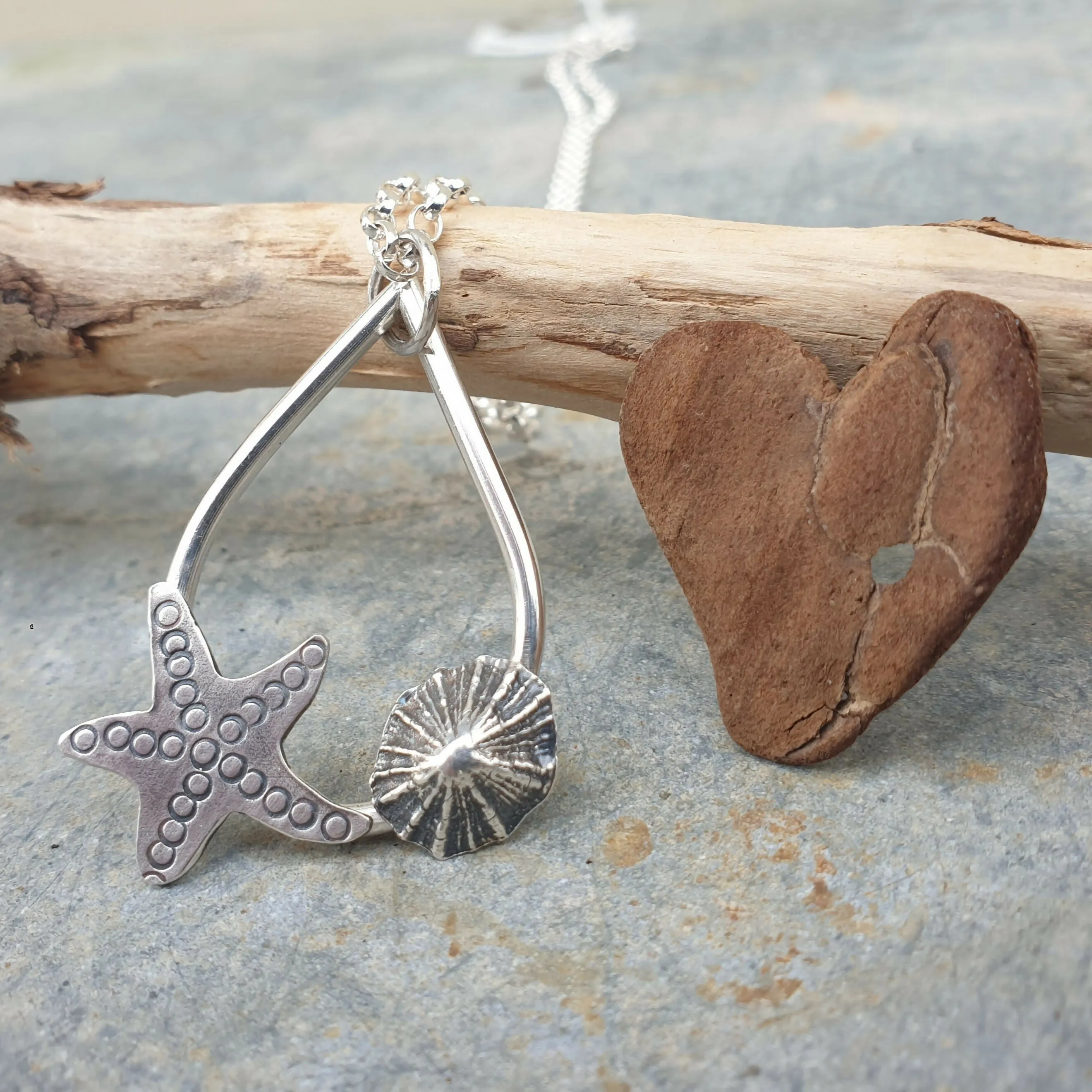 Silver Rockpool Pendant - Starfish and Limpet