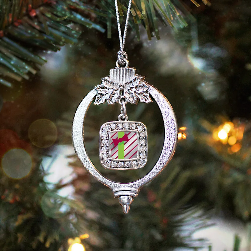 Silver Sparkling Present Square Charm Holiday Ornament