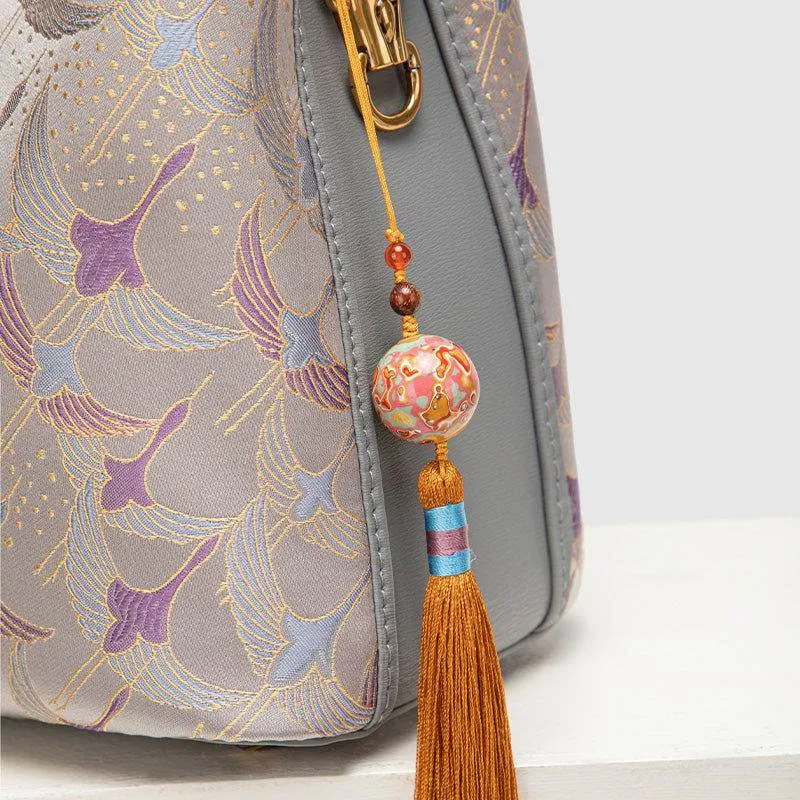 Song Brocade Chinese Bucket Tote Bag with Charming Tassel