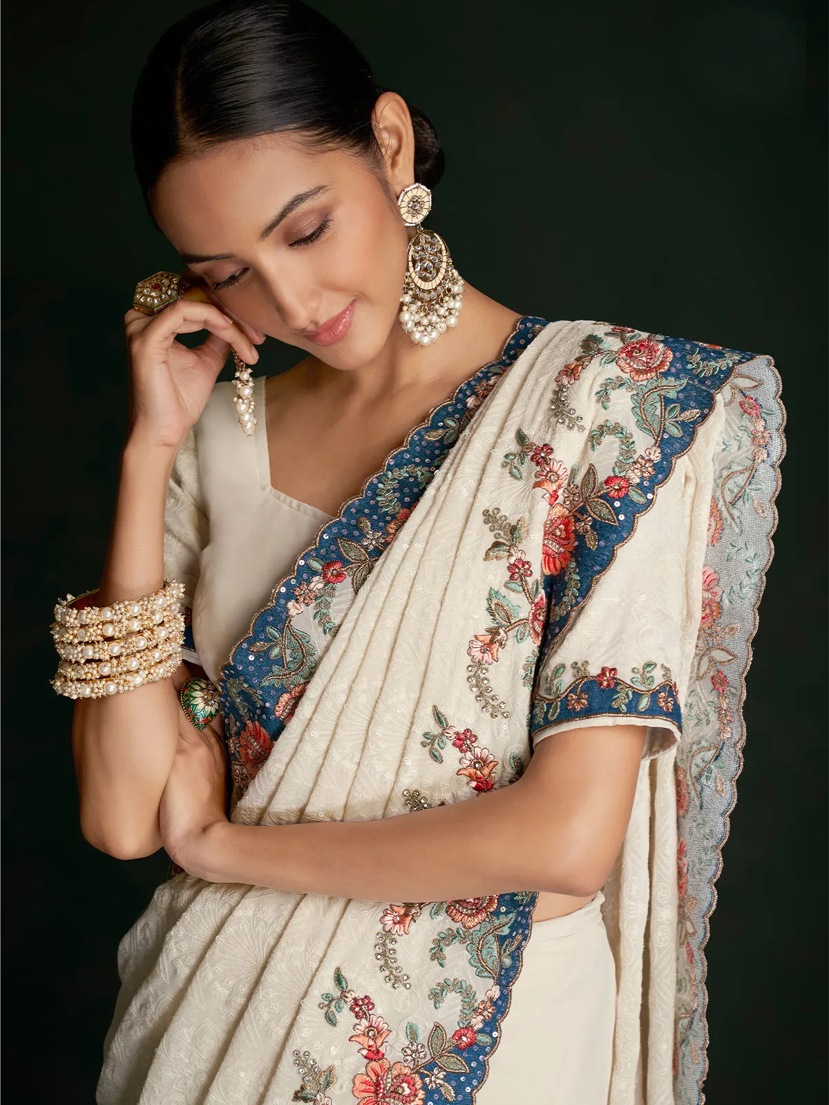 Stylish White Georgette Embroidered Saree With Unstitched Blouse