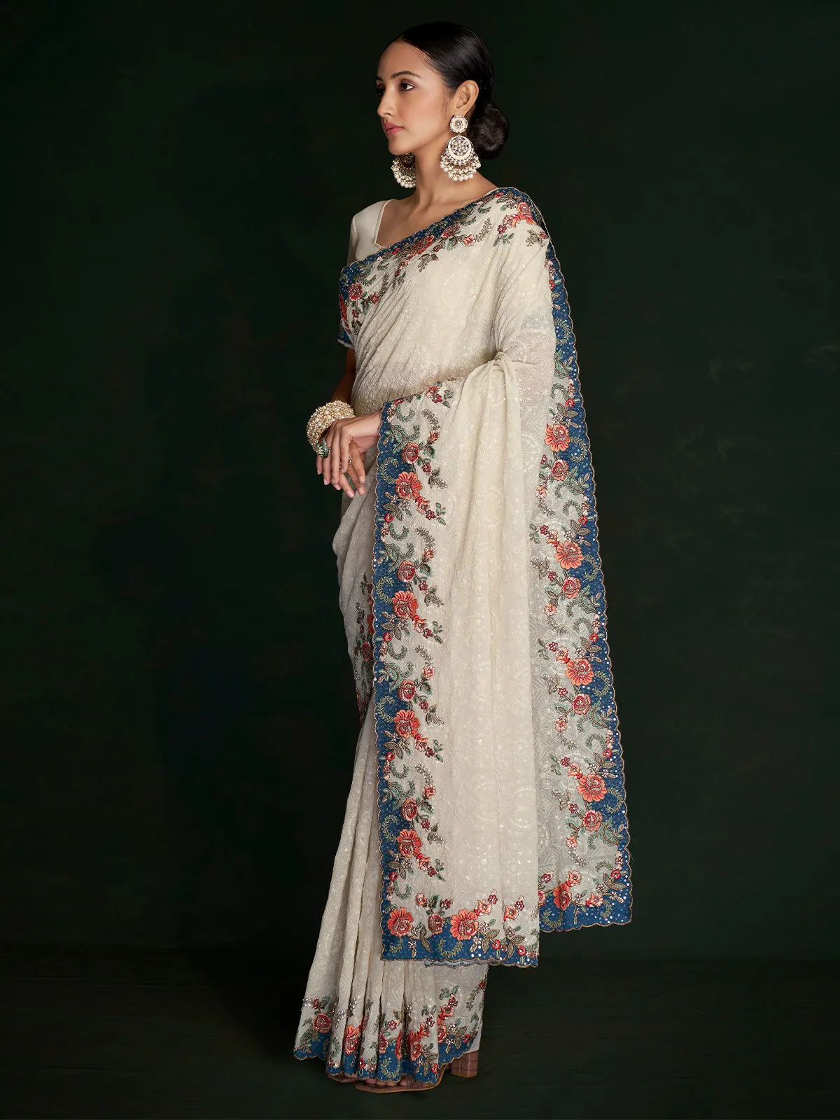 Stylish White Georgette Embroidered Saree With Unstitched Blouse