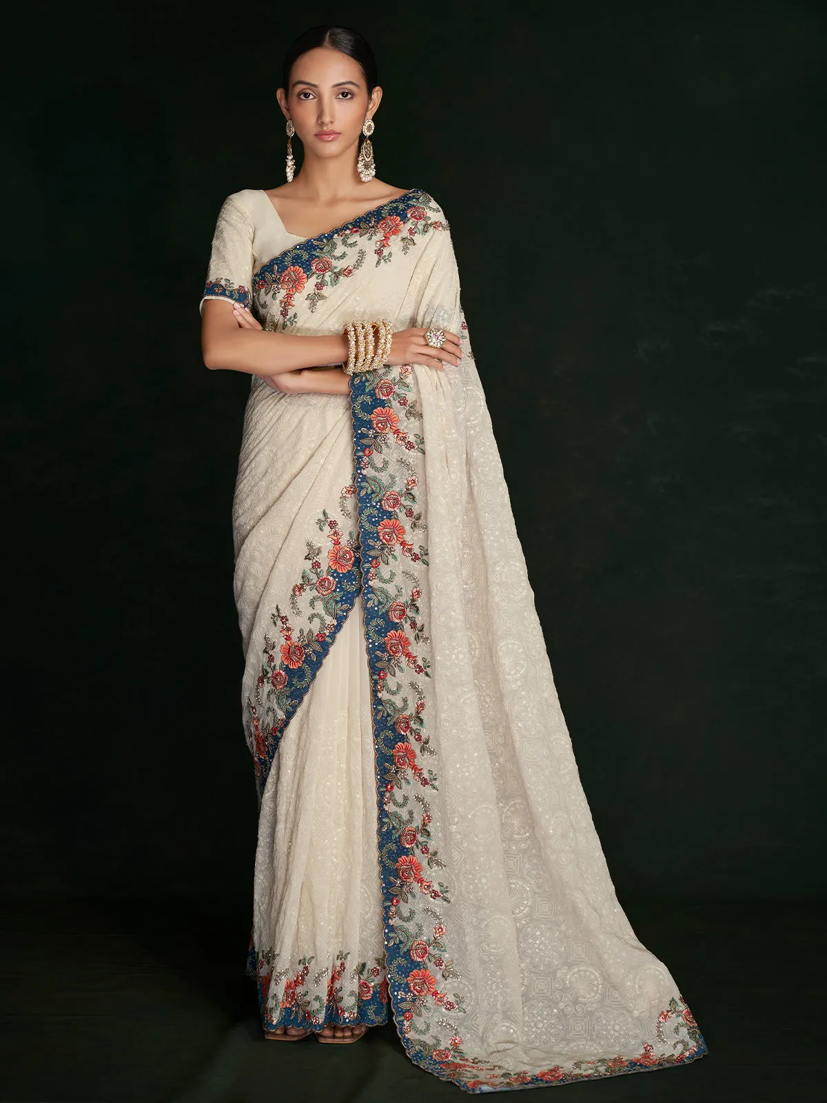 Stylish White Georgette Embroidered Saree With Unstitched Blouse