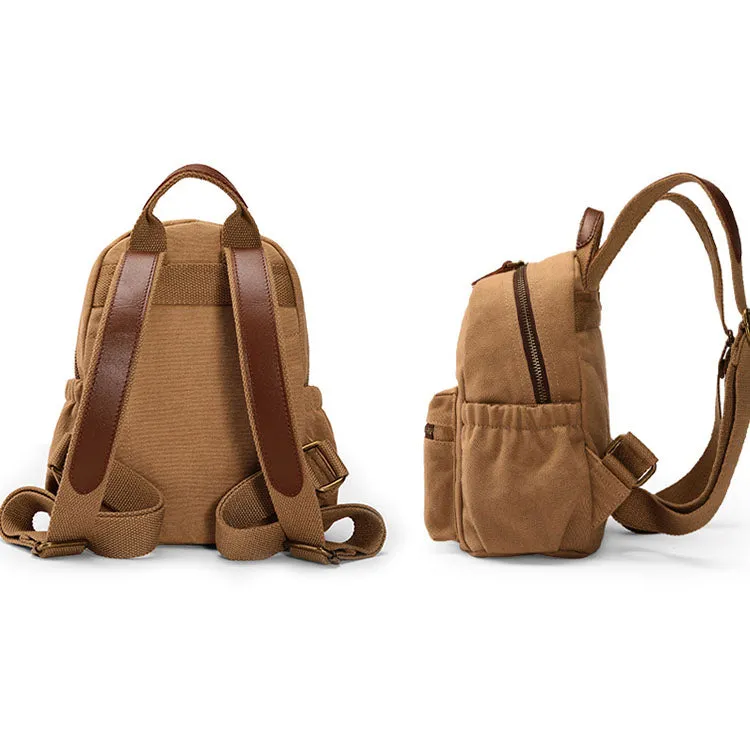 Stylish Women's Brown Canvas And Leather Backpack Purse Small Rucksack Bag With Zipper