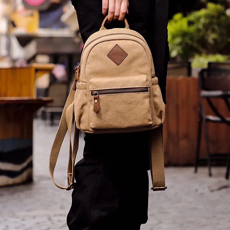 Stylish Women's Brown Canvas And Leather Backpack Purse Small Rucksack Bag With Zipper