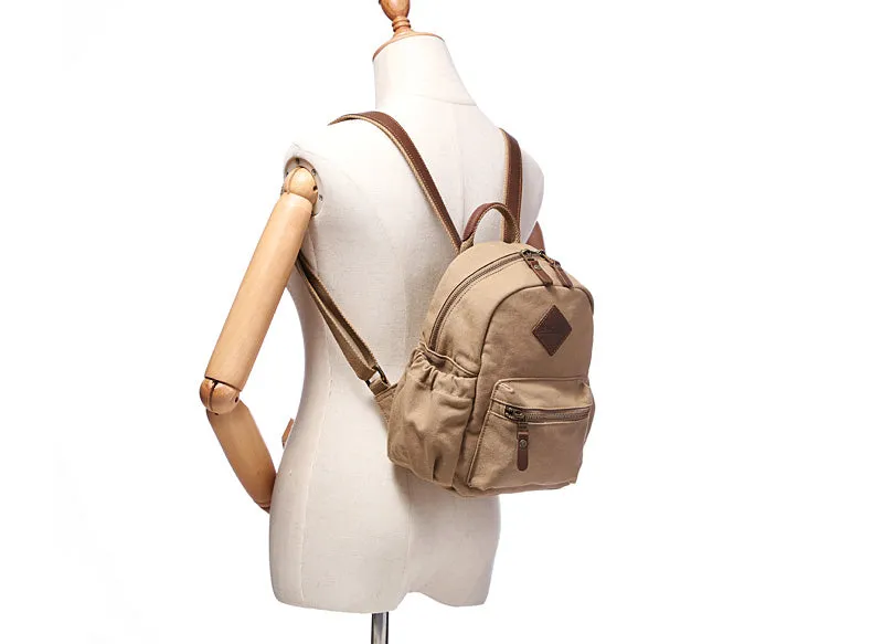 Stylish Women's Brown Canvas And Leather Backpack Purse Small Rucksack Bag With Zipper