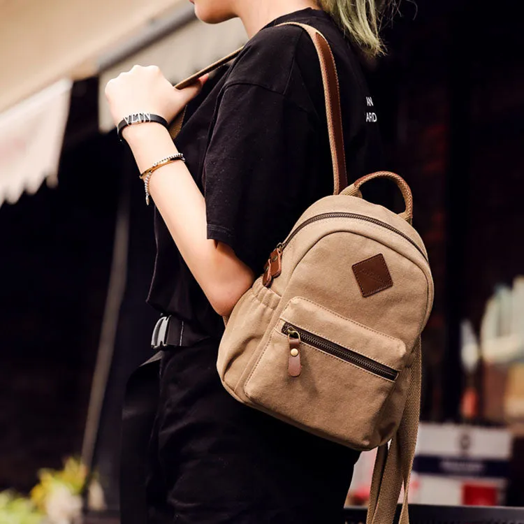 Stylish Women's Brown Canvas And Leather Backpack Purse Small Rucksack Bag With Zipper